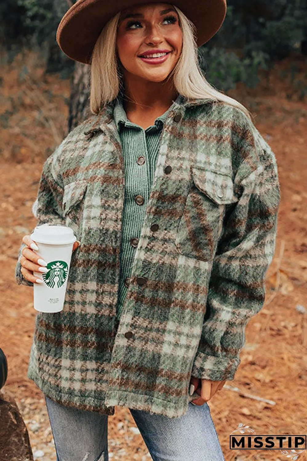 Plus Size Soft Plaid Button Down Jacket