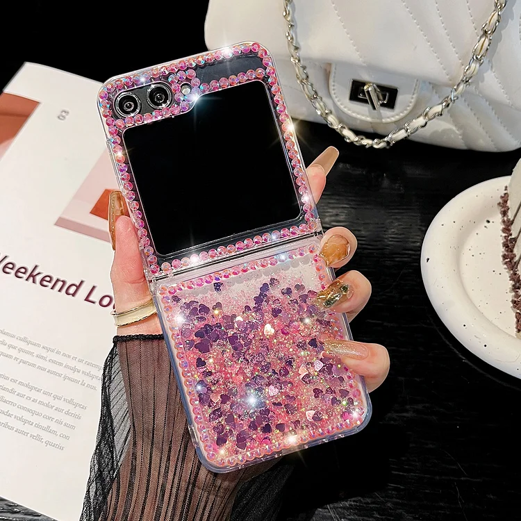 For Samsung Galaxy Z Flip 5 4 3 G Luxury Cute Pearl Diamond Crystal Liquid Glitter Phone Case Cover