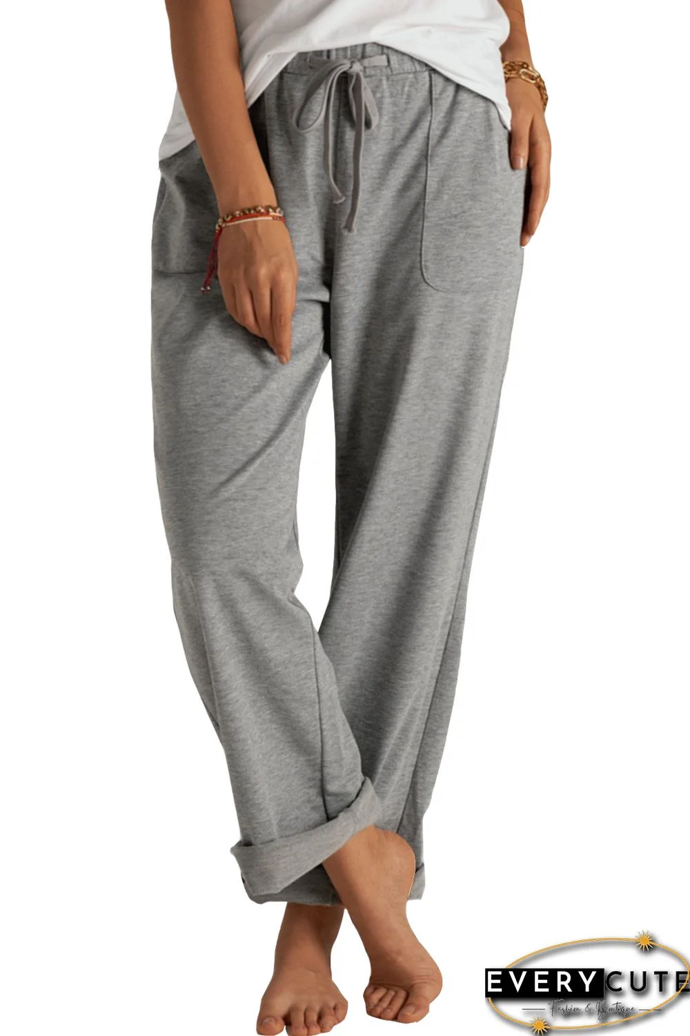 Gray Loose Drawstring Waist Knit Pants with Pockets