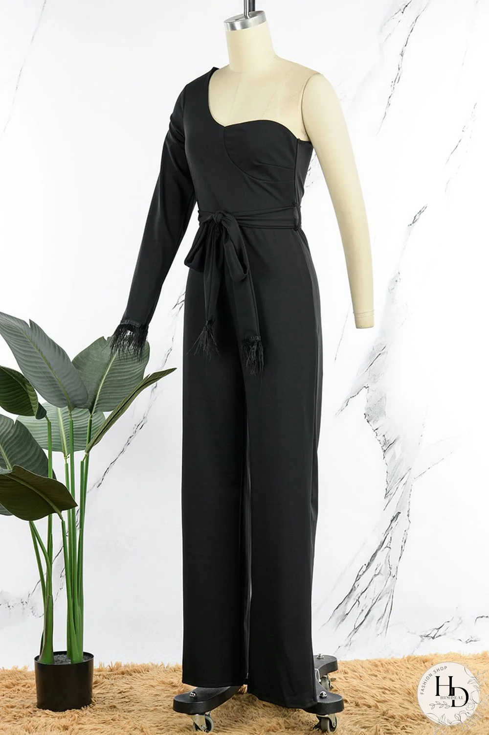 Black Casual Solid Bandage Patchwork Feathers Asymmetrical Collar Regular Jumpsuits