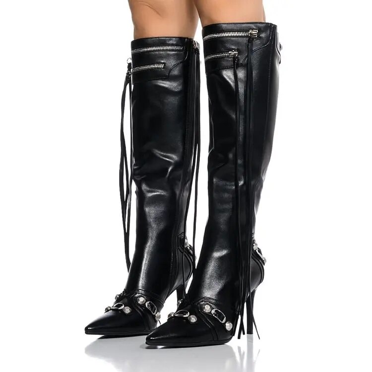 TAAFO Women's Pointed Toe Buckle Shoes Stiletto Heel Zipper Up Knee Boots Ladies Shoes