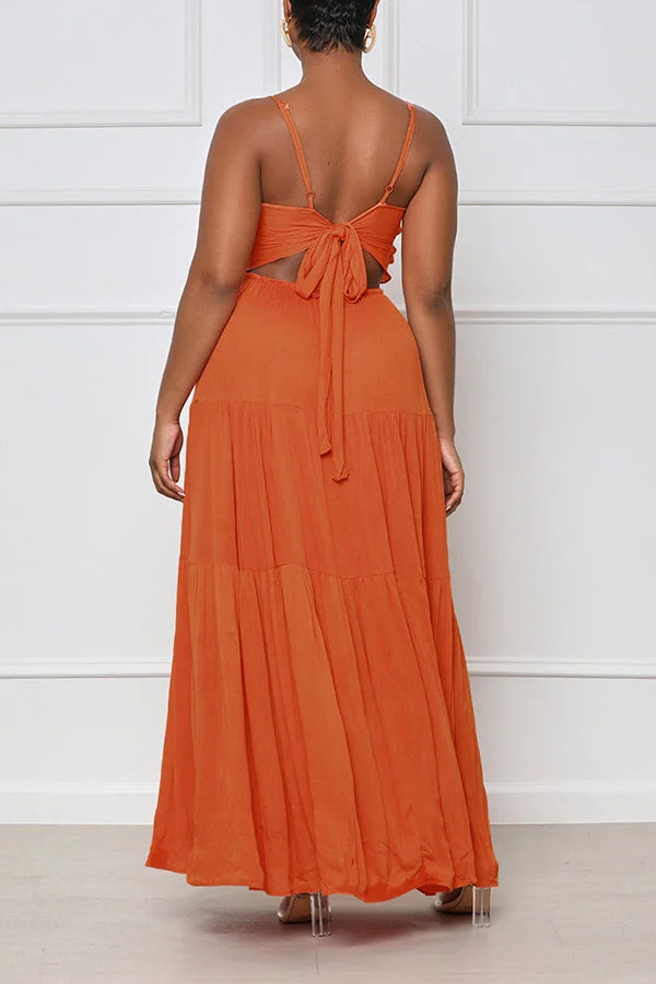 Spaghetti Agaric Lace Trim Tiered Maxi Dress