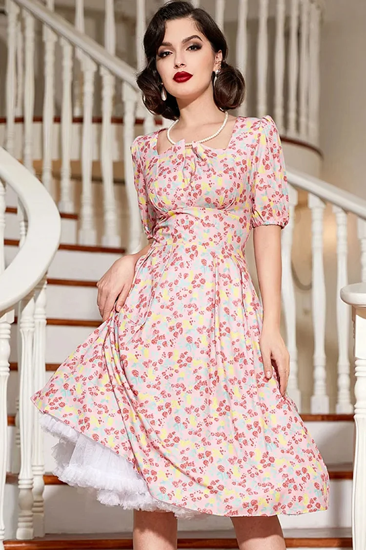 1950s Pink Casual Ditsy Floral Pleated Square Neck Lantern Sleeve Flare Swing Midi Dress [Pre-Order]