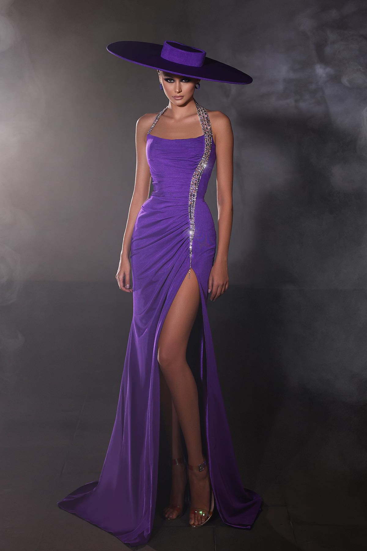  New Arrival Purple Halter Evening Gown Mermaid Long Split With Beadings - lulusllly