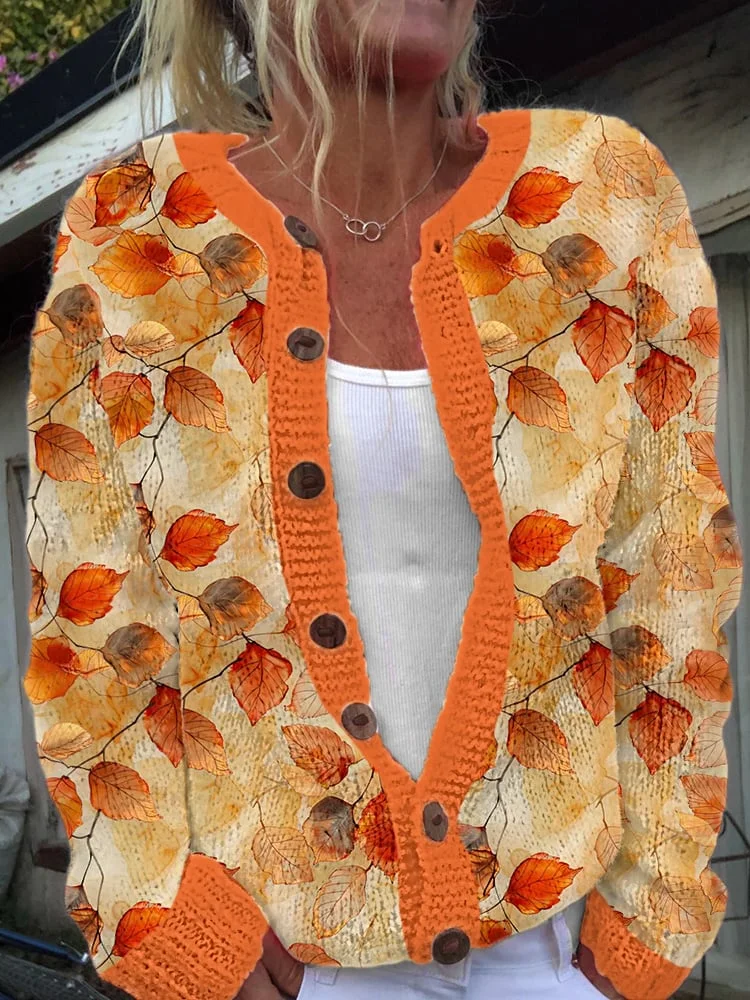 Women's Thanksgiving Fall Leaves Print Cardigan