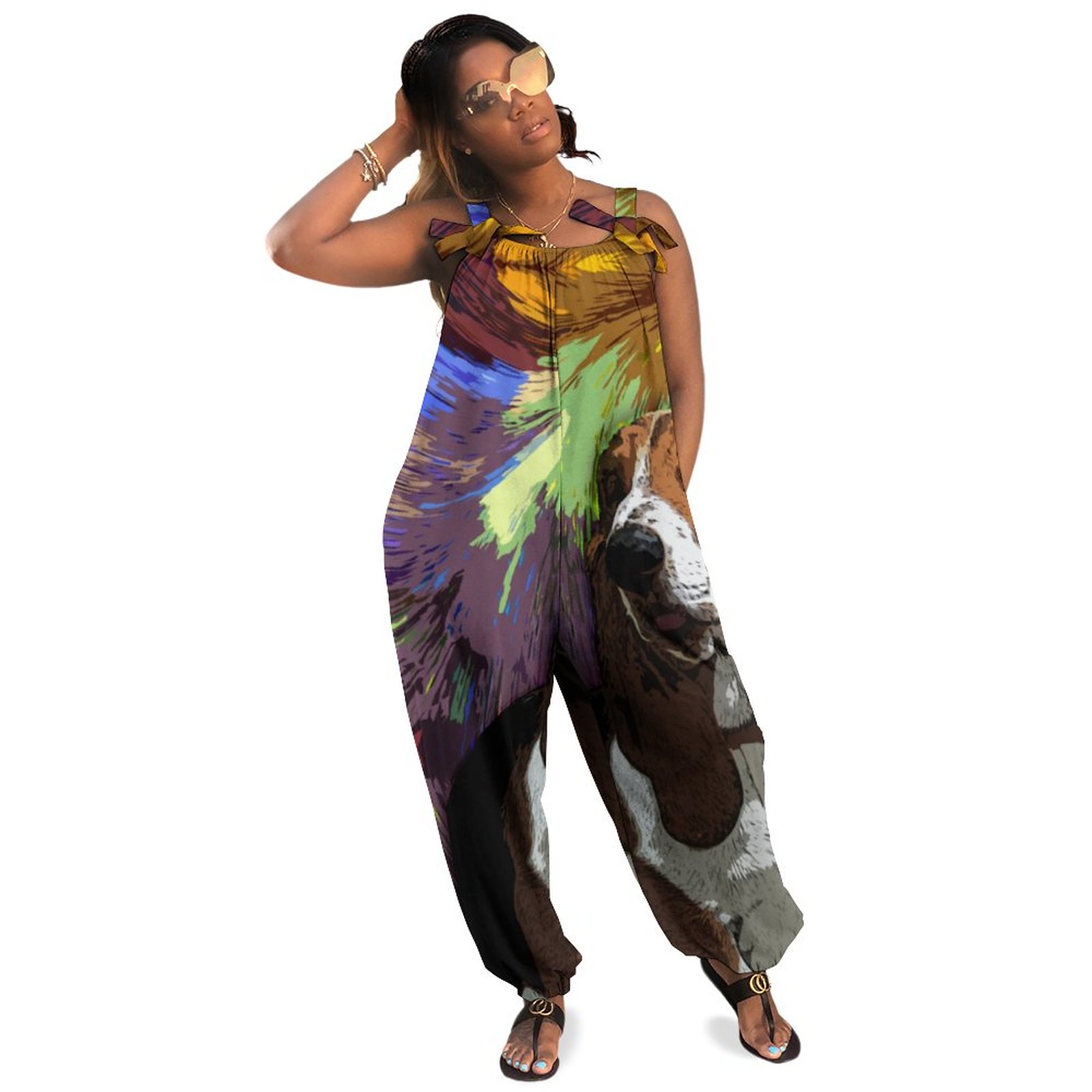 Basset Hound Dog Women Plus Size Jumpsuit Summer Loose Harem Pants Spaghetti Strap Baggy Jumpsuit Maxi Romper Dress Casual Long Length Polyester Spandex