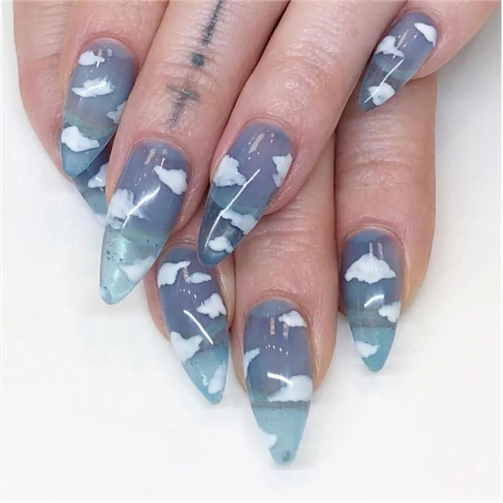 24Pcs/Set Long Coffin Fake Nails Clear French Blue Sky White Cloud Pattern Full Cover Press on Nails faux Ongles Tips Nail Art
