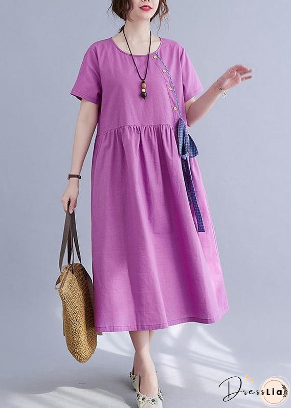 Natural Purple O-Neck Linen Summer Cotton Dress