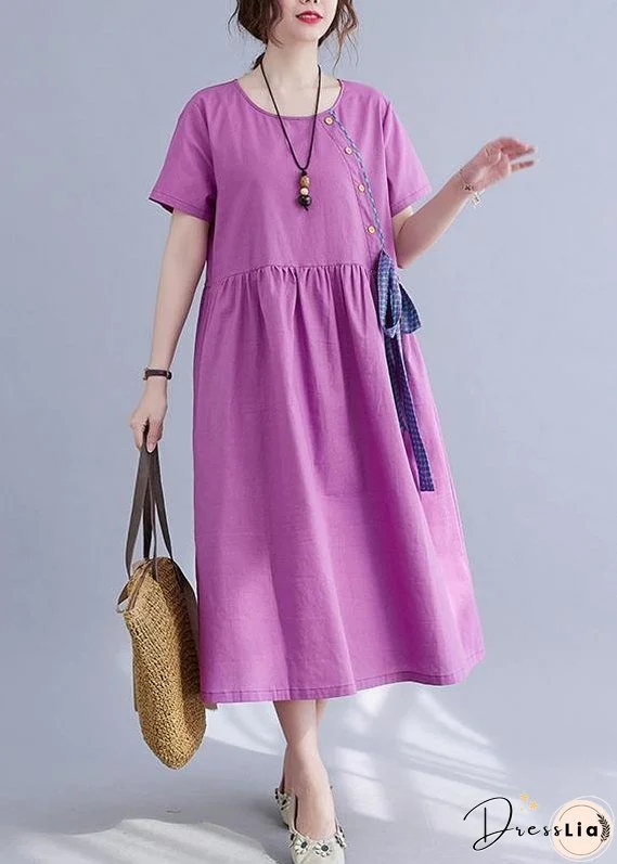 Natural Purple O-Neck Linen Summer Cotton Dress