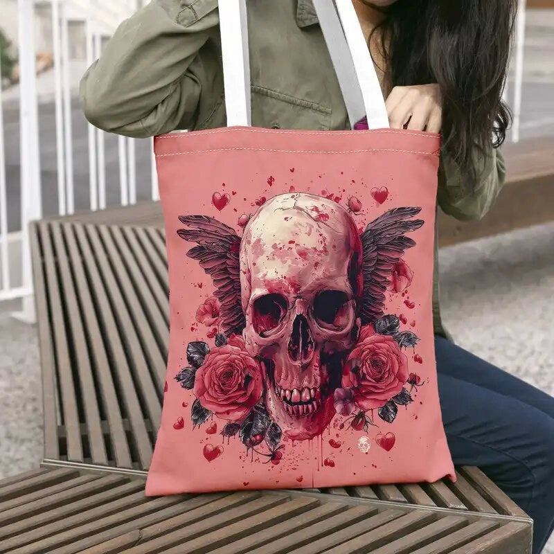 Halloween Women’s Cotton Flower Skull Streetwear Square Open Shoulder Bag