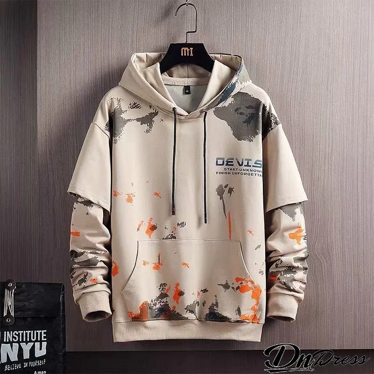 Men Casual Long Sleeve Hat Rope Pocket Design Letter Printed Hoodie