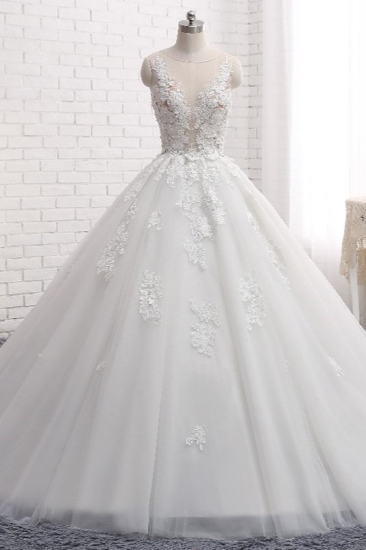 Stylish Tulle Train Long Sleeveless Wedding Dress With Appliques Lace | Ballbellas Ballbellas