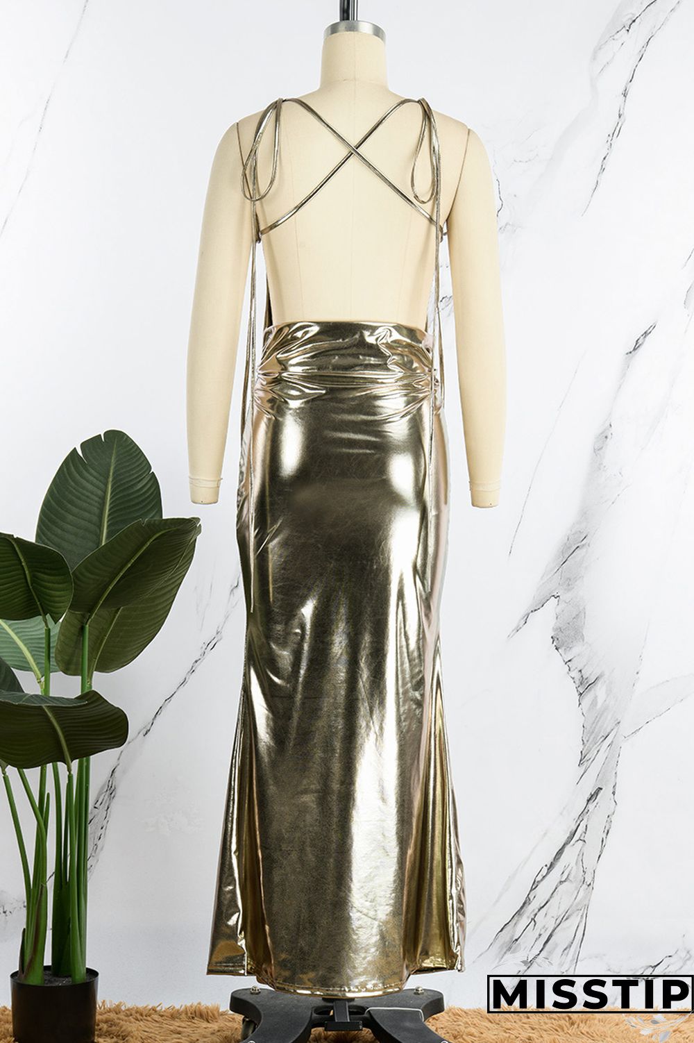 Gold Sexy Solid Bandage Backless V Neck Long Dress Dresses