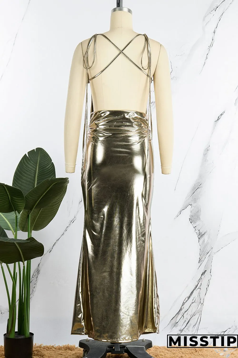 Gold Sexy Solid Bandage Backless V Neck Long Dress Dresses