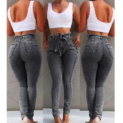 Women's Slim Stretch Jeans Tassel Waistband High Waist Denim Jeans