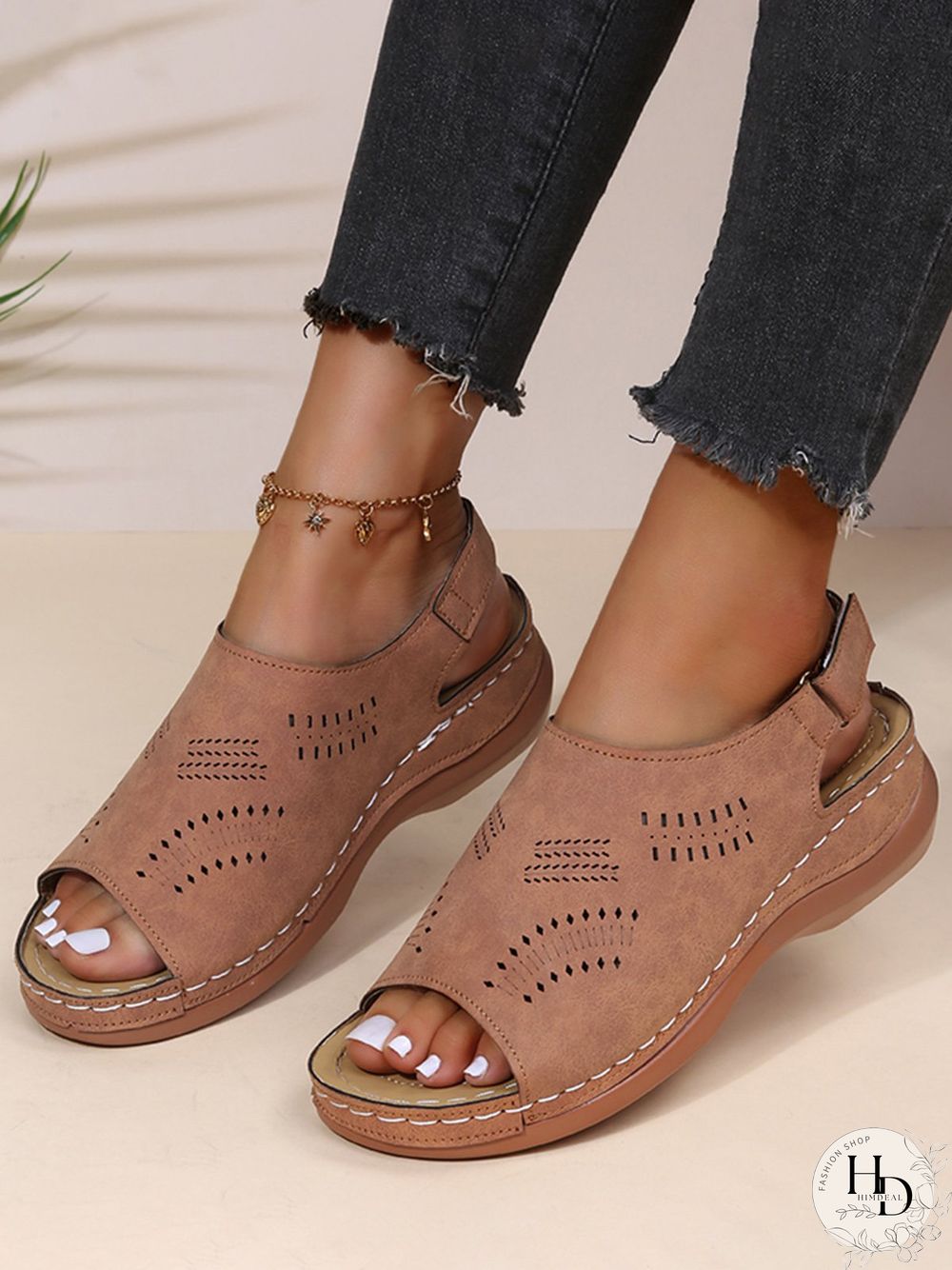 Cutout Velcro Vintage Casual Velcro Wedge Sandals