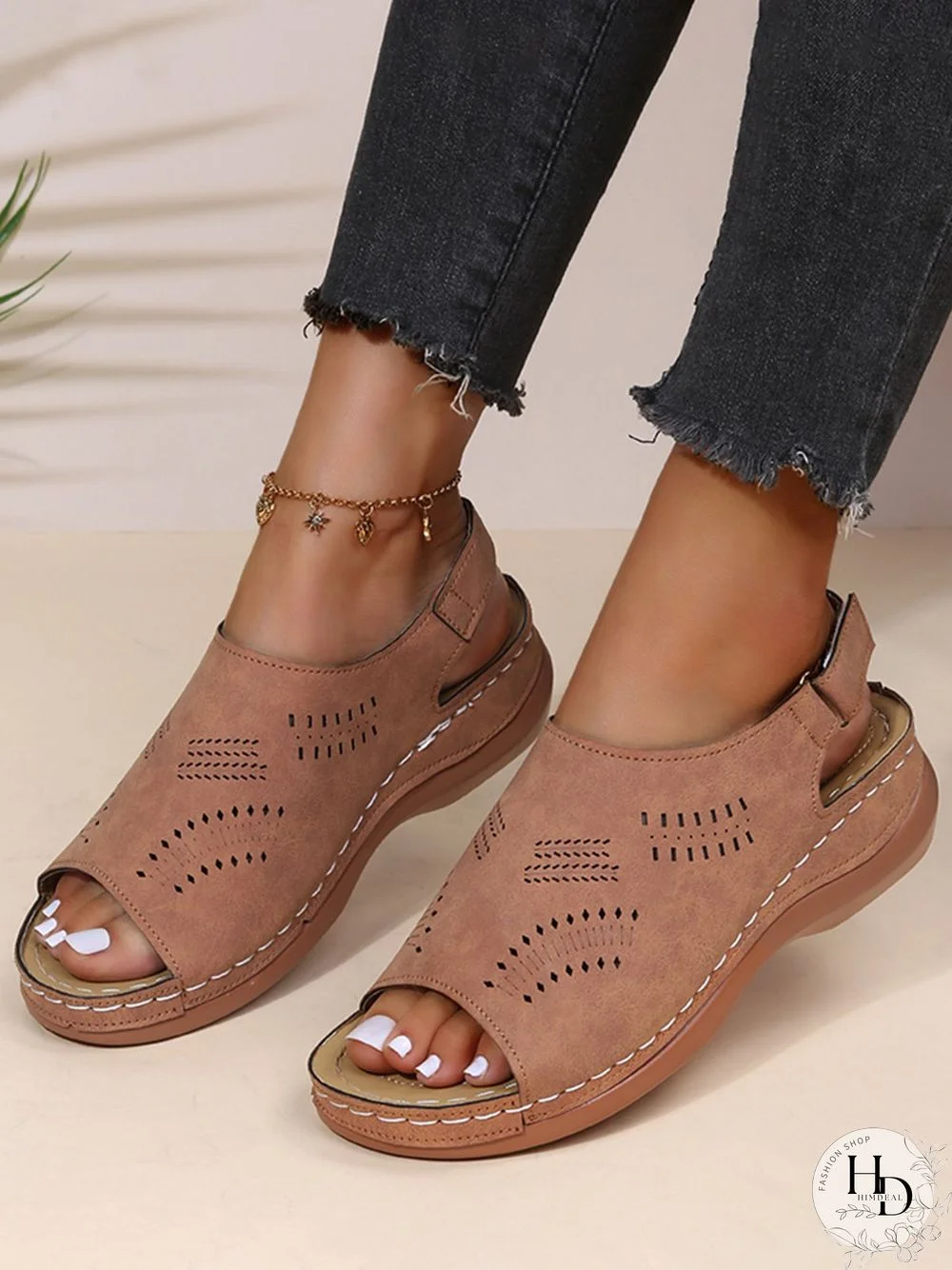Cutout Velcro Vintage Casual Velcro Wedge Sandals