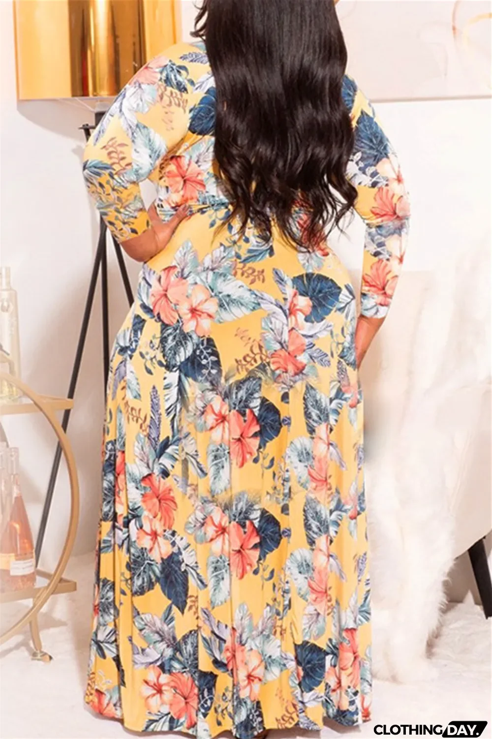 Green Fashion Casual Plus Size Print With Belt V Neck Long Sleeve Dresses