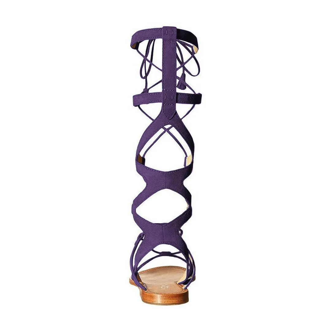 Elegant Purple Knee High Flat Sandals Gladiator Shoes for Ladies