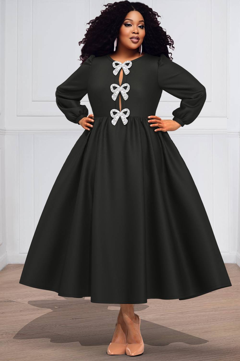 Plus Size Church Midi Dresses Elegant Black Fall Winter Crew Neck Long Sleeve Bow Tie Knitted Midi Dresses