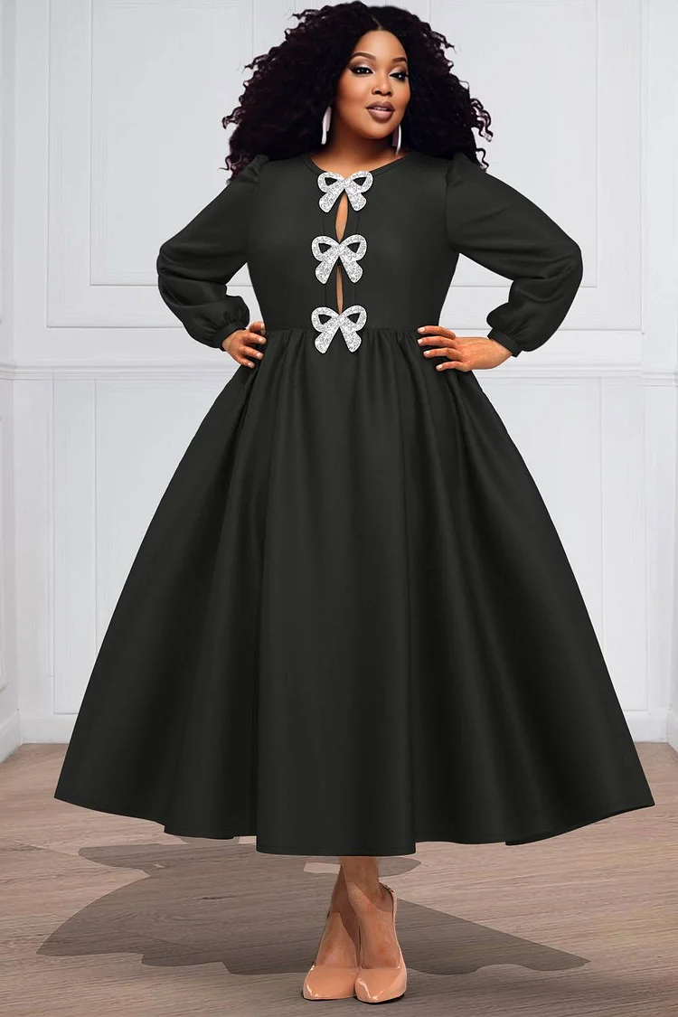 Plus Size Church Midi Dresses Elegant Black Fall Winter Crew Neck Long Sleeve Bow Tie Knitted Midi Dresses [Pre-Order]