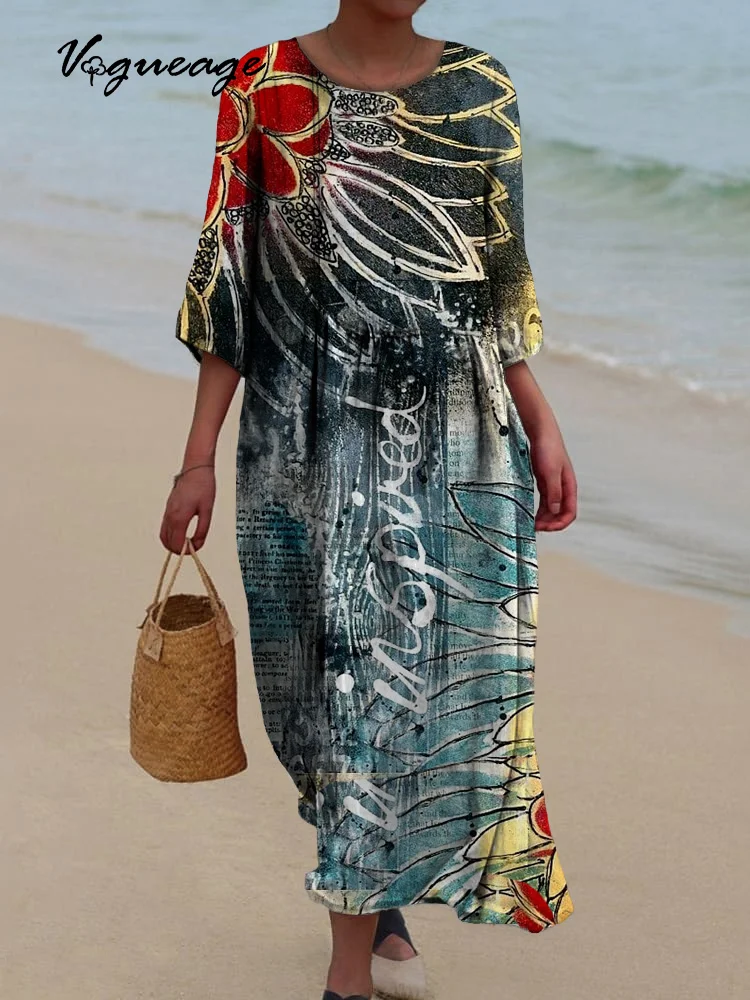 Elegant And Low-Key Flowers Printed Women's Casual Cotton And Linen Dress