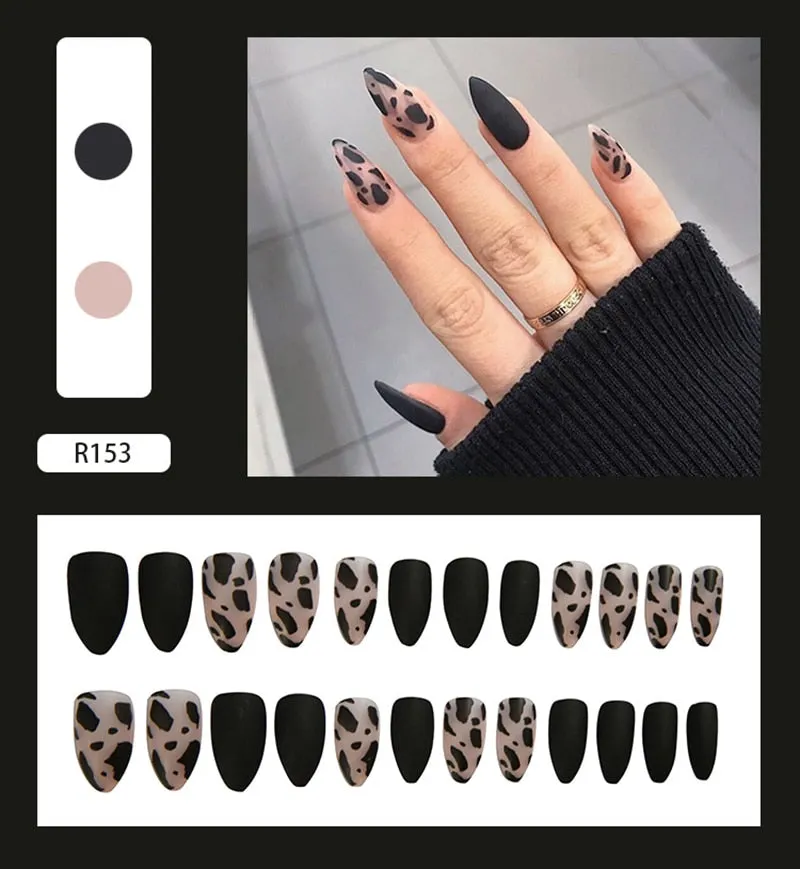 24pcs Leopard Theme Full Cover False Nail Tips Black Heart Line Transparent Stiletto French Fake Nails With Glue Detachable Tips-Nail Inspo