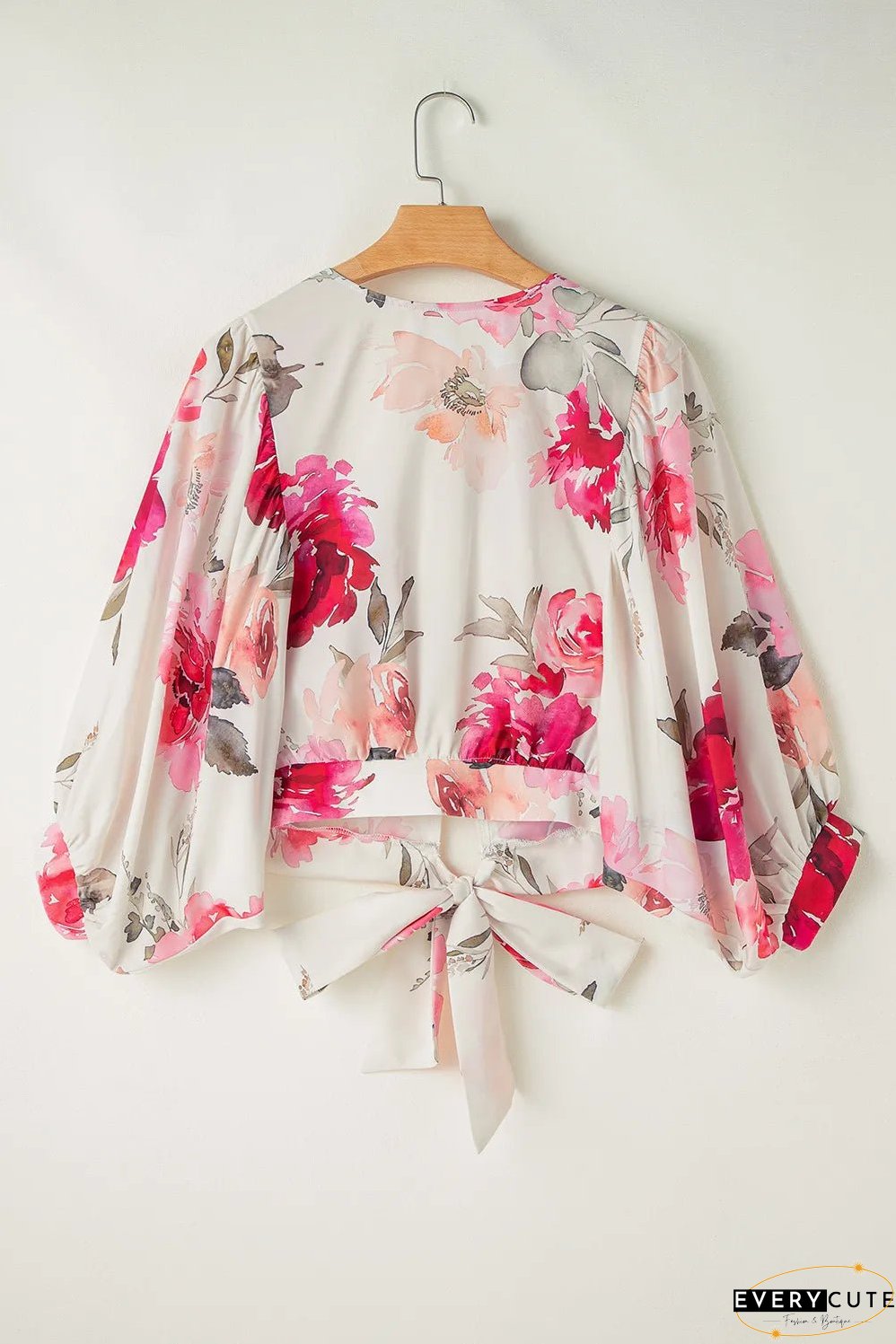 Tied Floral Round Neck Three-Quarter Sleeve Blouse