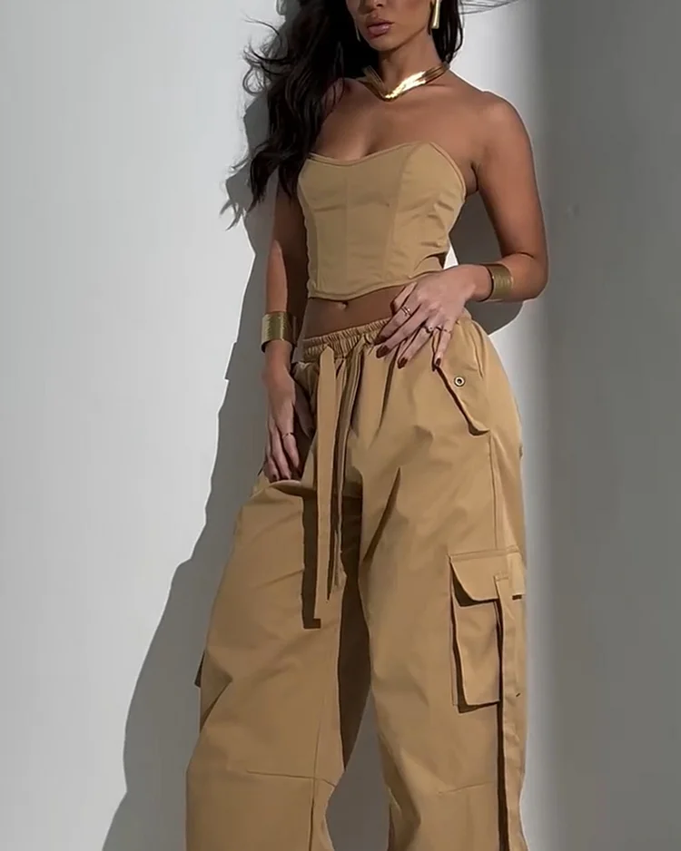Women's solid color trousers tube top casual suit