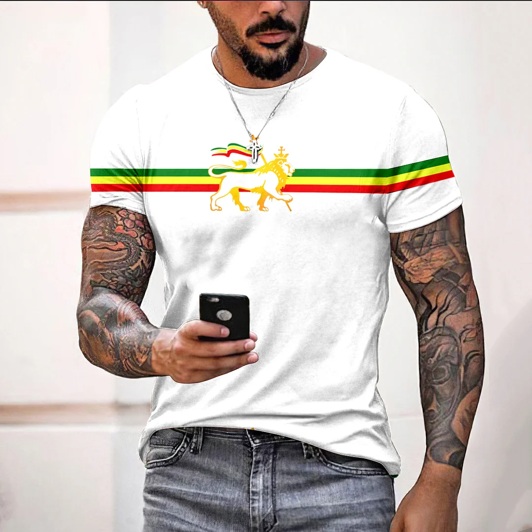 Men'S Stripe Reggae Lion Print T-Shirt