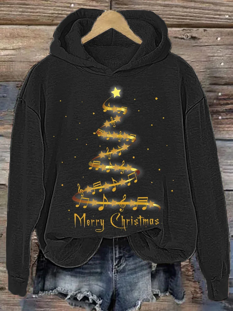 Comstylish Musical Notes Golden Christmas Tree Print Casual Hoodie