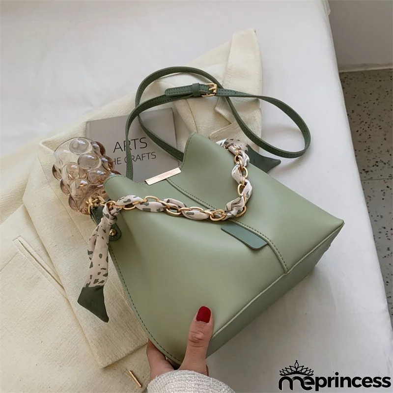Women Fashionable Solid Color Large Capacity Silk Scarf Bucket Crossbody Bag