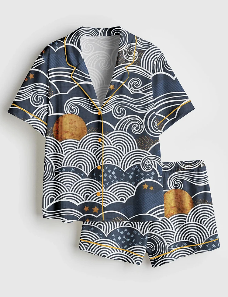 Women&rsquo;s Cozy Night Sky Navy Blue Full Moon and Stars Over the Clouds Moody Sky Short Sleeve Satin Pajama Set