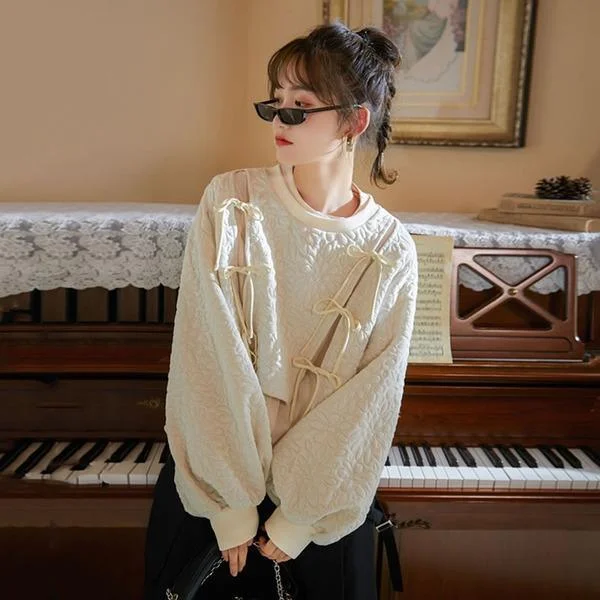Fashion Bandage Bow Sweatshirt Solid Color Casual Women Winter t Long Sleeve Pullover