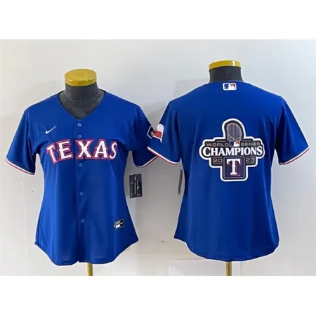 Women's Texas Rangers Royal 2023 World Series Champions Big Logo With Patch Stitched Baseball Jersey(Run Small) MG6Q
