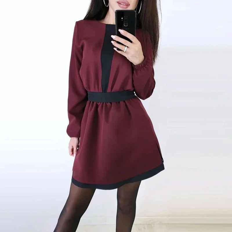 Women Vintage Color contrast A-line Mini Dress Long Sleeve O neck Solid Elegant Casual Party Dress 2021 Autumn New Fashion Dress