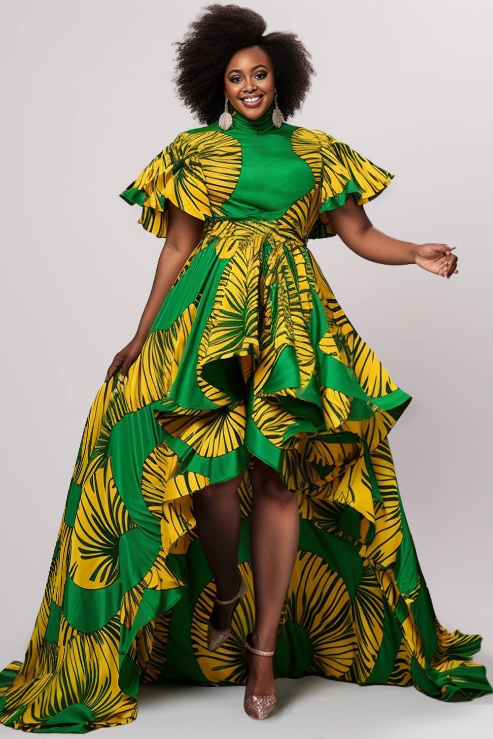 Design Plus Size Vacation Green All Over Print High Collar Ruffle Sleeve Flounce Maxi Dresses [Pre-Order]