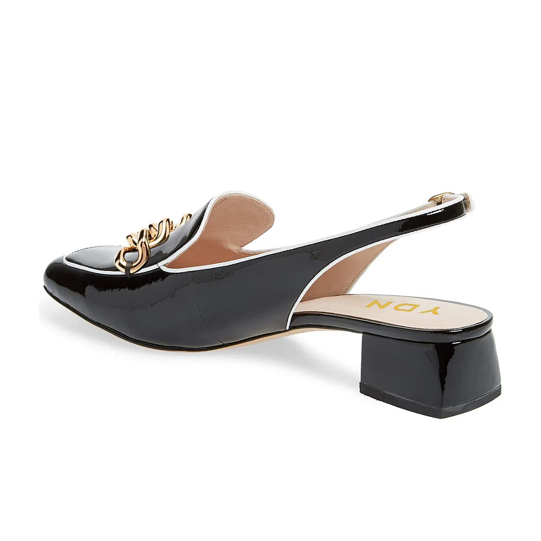 Shiny Black Patent Leather Block Heel Gold Chain Slingback Loafers 