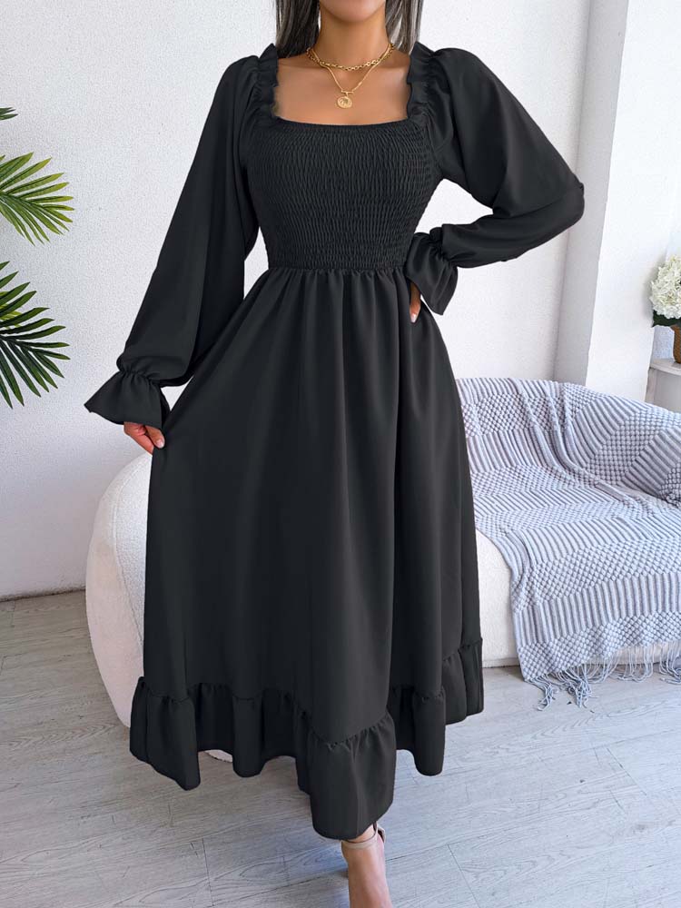 Elegant Party Square Neck Ruffle Long Sleeve Maxi Dress