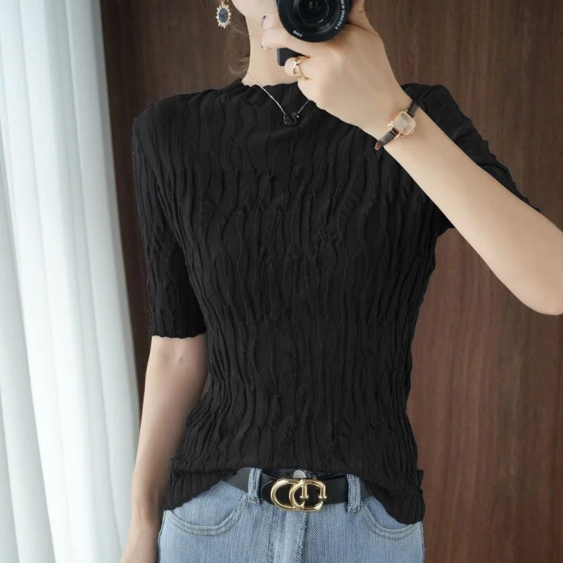 Summer New Cotton T-shirt Women&#39;s Half Turtleneck Pleated Round Neck Knitted Short-sleeved Slim Fashion All-match Bottoming Top