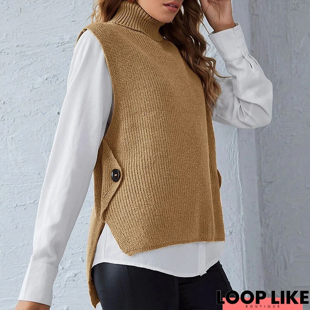 Acrylic Fiber Women's Waistcoat Solid Color Knitted Turtleneck Pullover Sleeveless Sweater