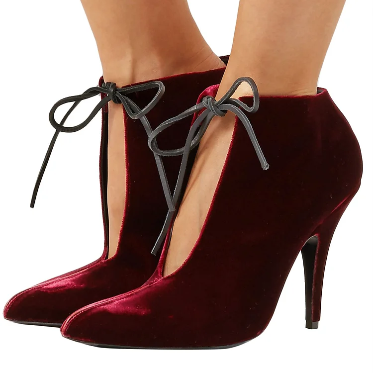 Burgundy Fashion Boots Stiletto Heel Lace Up Ankle Boots |FSJ Shoes