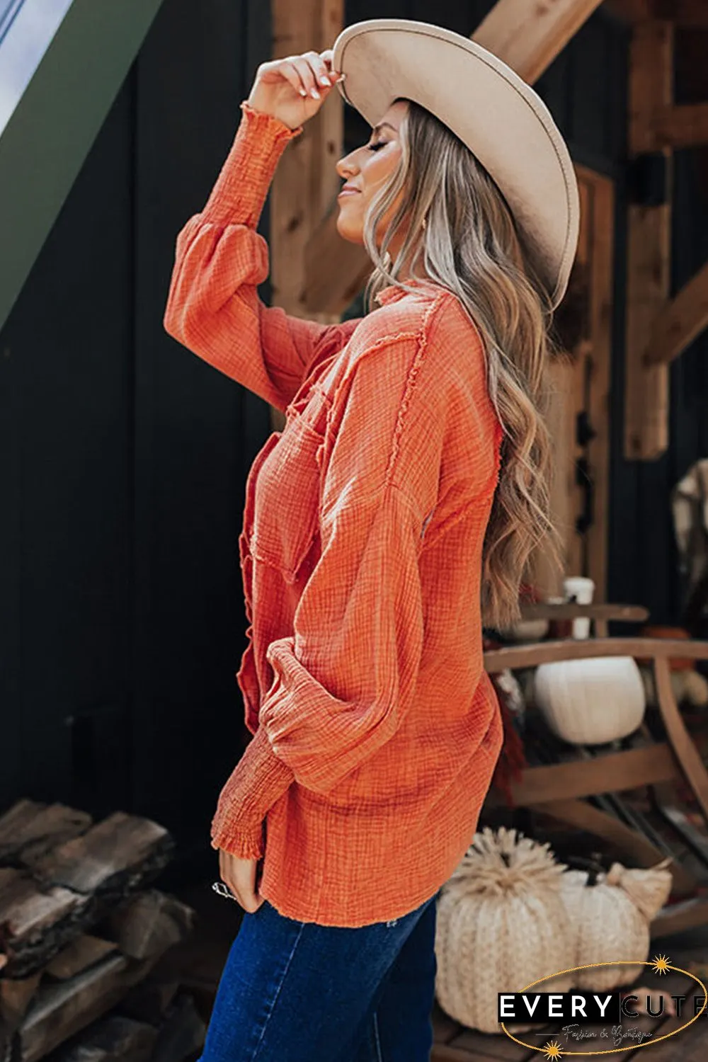 Orange Ruffled Shirred Waffle Knit Pocketed Long Sleeve Shirt