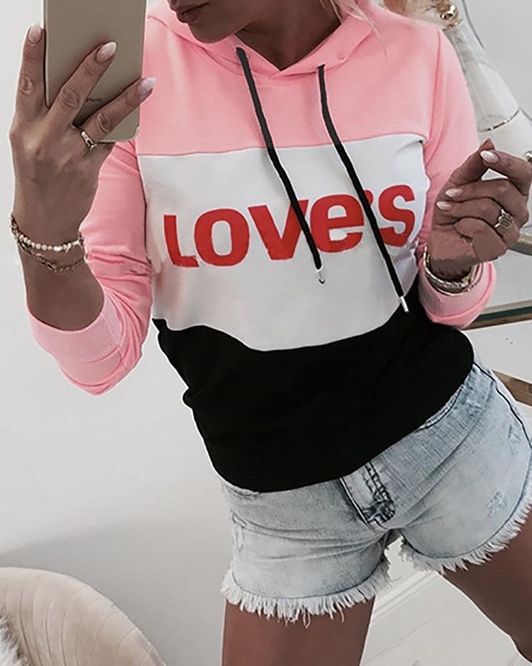 Hooded Colorblock Letter Print Drawstring Sweatshirt