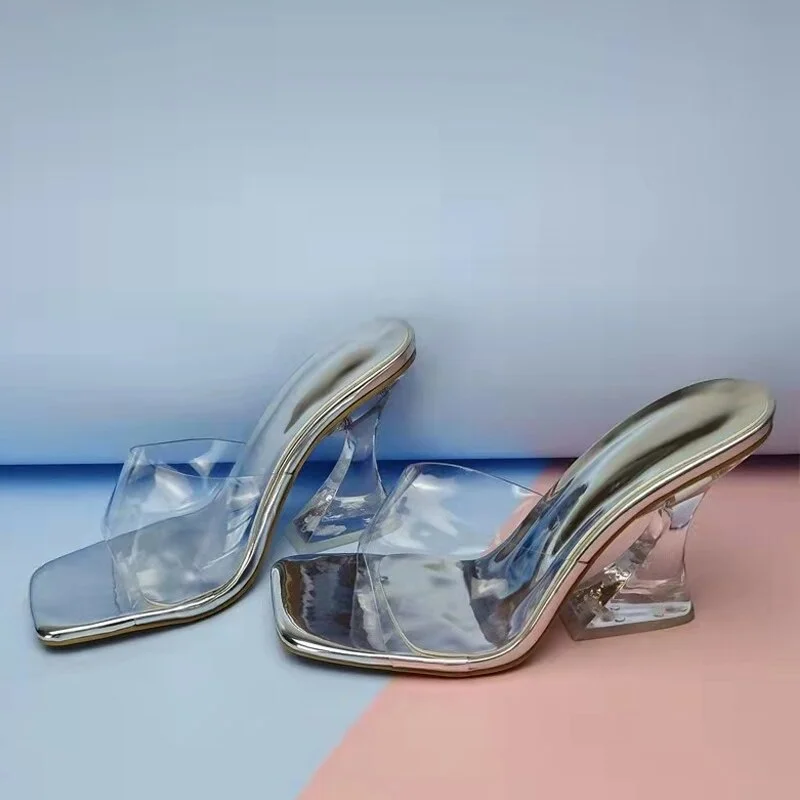 2022 New Clear Slippers Women Heels Sexy Square Toe High Heeled Shoes Fashion Green PVC Transparent Jelly Sandals Size 35-42