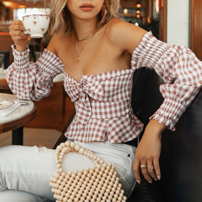 Plaid Word Shoulder Wrapped Chest Bowknot Shirt