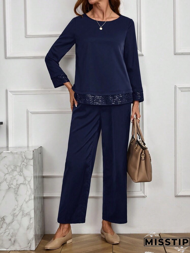 2pcs/Set Women Casual Solid Color Sequin Splice Long Sleeve Top And Pants Set, Autumn