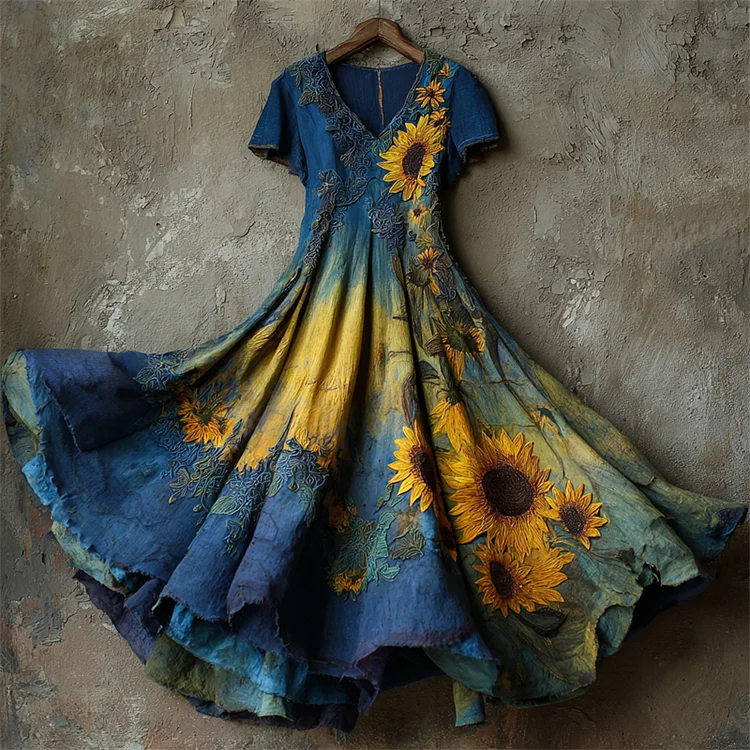 Oil Painting Inspired Sunflowers Embroidered Linen Maxi Dress