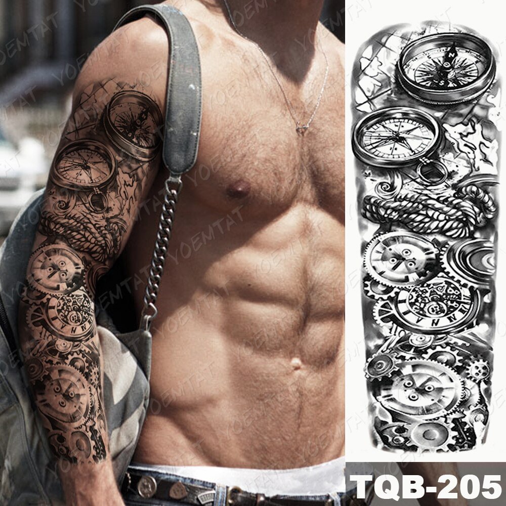 Gingf Temporary Large Arm Sleeve Tattoo Stickers Clock Compass Gear Rose Flash Tattoos Male Arm Body Art Fake Tatto Women