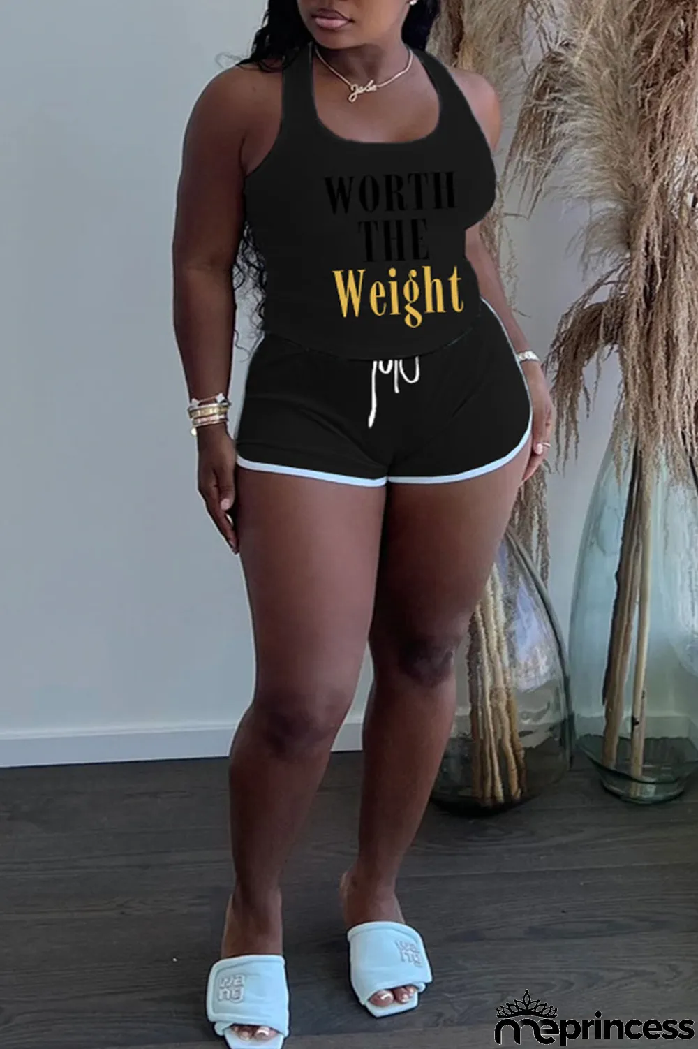 Black Plus Size Casual Letter Print Patchwork U Neck Plus Size Two Pieces